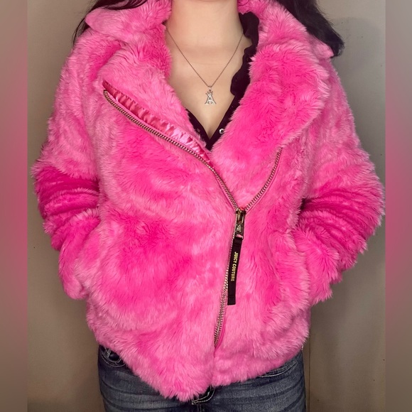 Y2K JUICY COUTURE black label day glo pink Moto faux fur coat SIZE SMALL - Picture 2 of 5